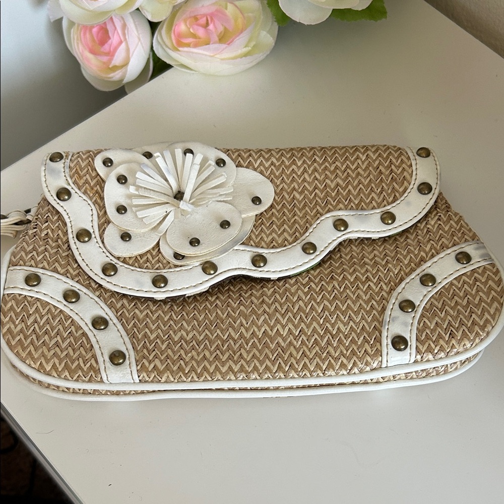 Elegant Tan and White Clutch with Floral Accent